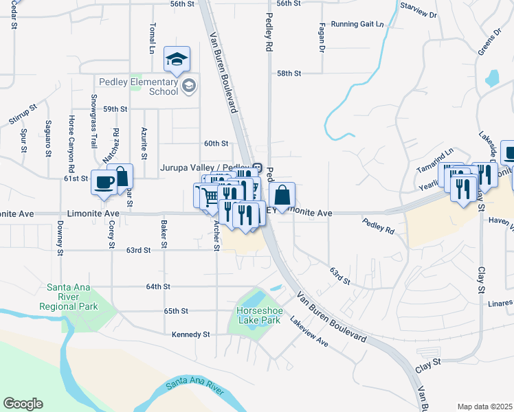 map of restaurants, bars, coffee shops, grocery stores, and more near Van Buren Boulevard in Riverside