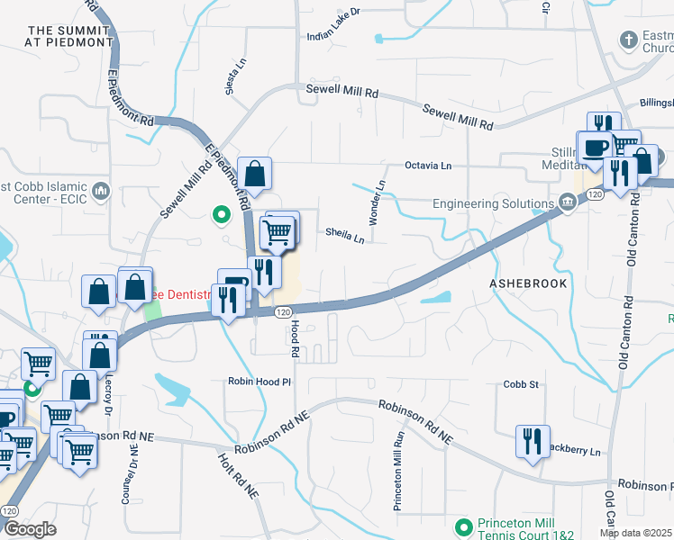 map of restaurants, bars, coffee shops, grocery stores, and more near 1050 Sterling Ridge Chase Northeast in Marietta