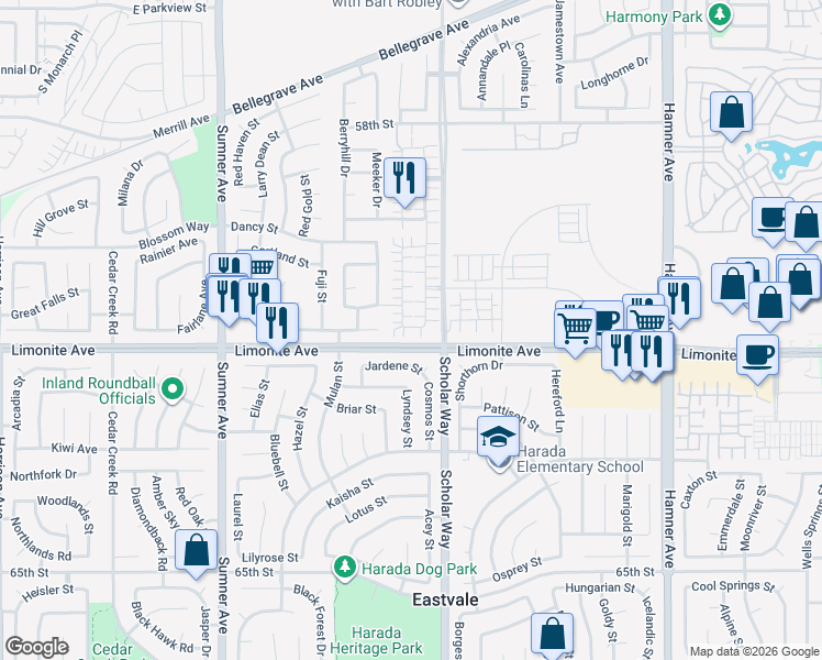 map of restaurants, bars, coffee shops, grocery stores, and more near 13055 Goldenrod Drive in Eastvale