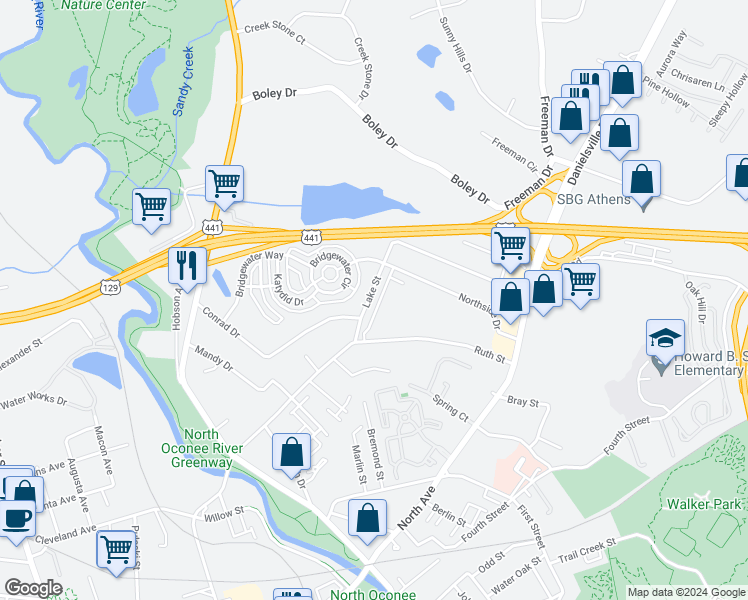map of restaurants, bars, coffee shops, grocery stores, and more near 270 Lake Street in Athens