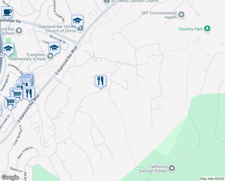map of restaurants, bars, coffee shops, grocery stores, and more near 22340 Kicking Horse Drive in Diamond Bar