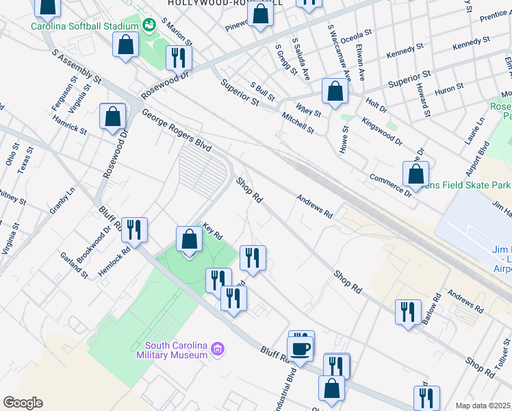 map of restaurants, bars, coffee shops, grocery stores, and more near 1054 Shop Road in Columbia