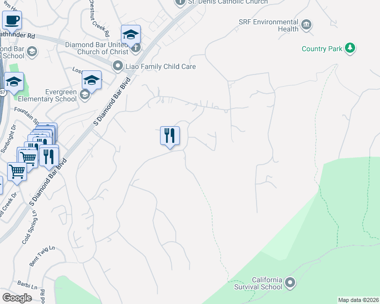 map of restaurants, bars, coffee shops, grocery stores, and more near 2626 Wagon Train Lane in Diamond Bar