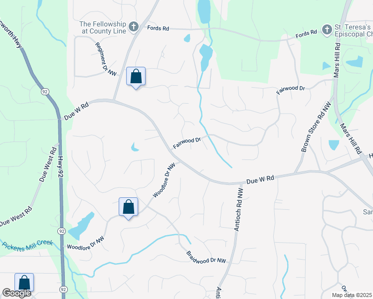 map of restaurants, bars, coffee shops, grocery stores, and more near 863 Fairlong Way NorthWest in Acworth