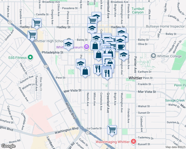 map of restaurants, bars, coffee shops, grocery stores, and more near 7222 Milton Avenue in Whittier