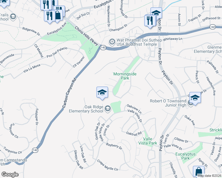 map of restaurants, bars, coffee shops, grocery stores, and more near 15358 Morningside Drive in Chino Hills