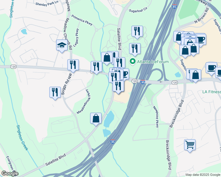 map of restaurants, bars, coffee shops, grocery stores, and more near 2365 Satellite Blvd NW in Duluth