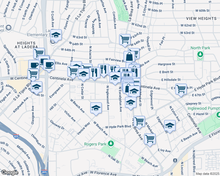 map of restaurants, bars, coffee shops, grocery stores, and more near 936 North Inglewood Avenue in Inglewood