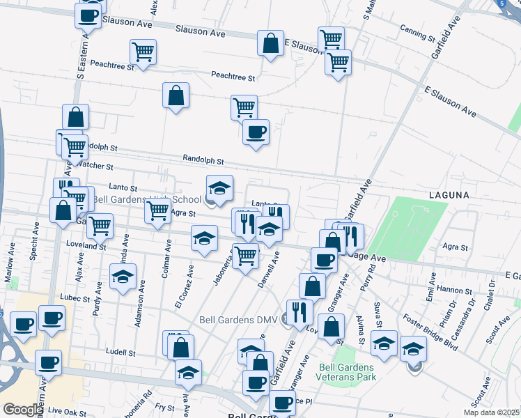 map of restaurants, bars, coffee shops, grocery stores, and more near 6226 Lanto Street in Bell Gardens