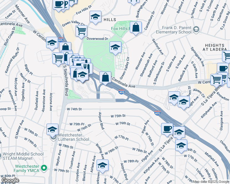 map of restaurants, bars, coffee shops, grocery stores, and more near 5921 Center Drive in Los Angeles