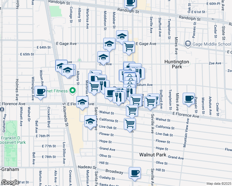 map of restaurants, bars, coffee shops, grocery stores, and more near 7012 Malabar Street in Huntington Park