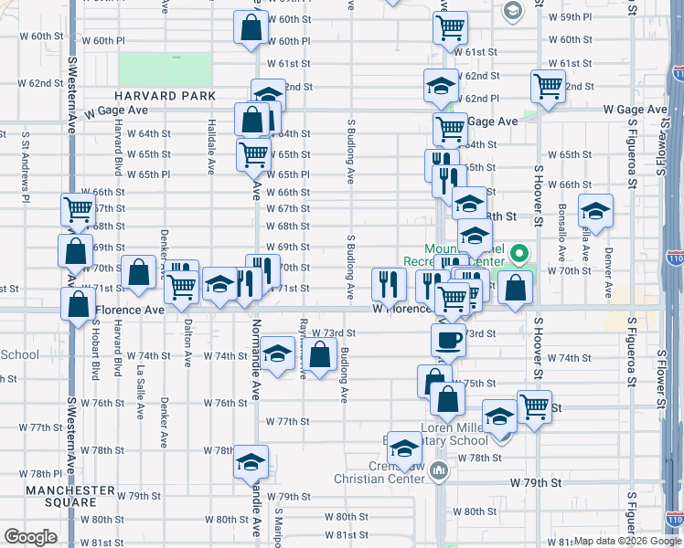 map of restaurants, bars, coffee shops, grocery stores, and more near 1210 West 70th Street in Los Angeles
