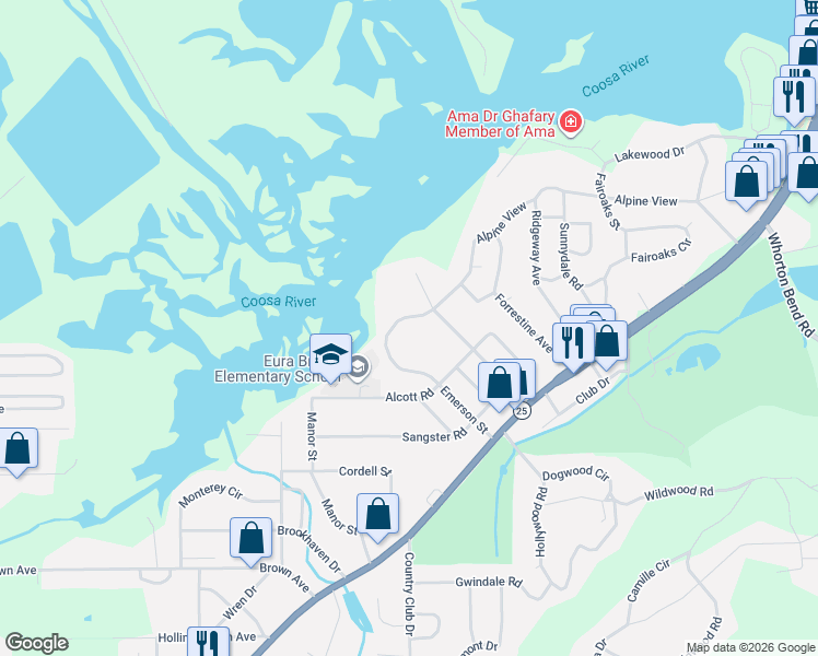 map of restaurants, bars, coffee shops, grocery stores, and more near 313 Alpine View in Gadsden