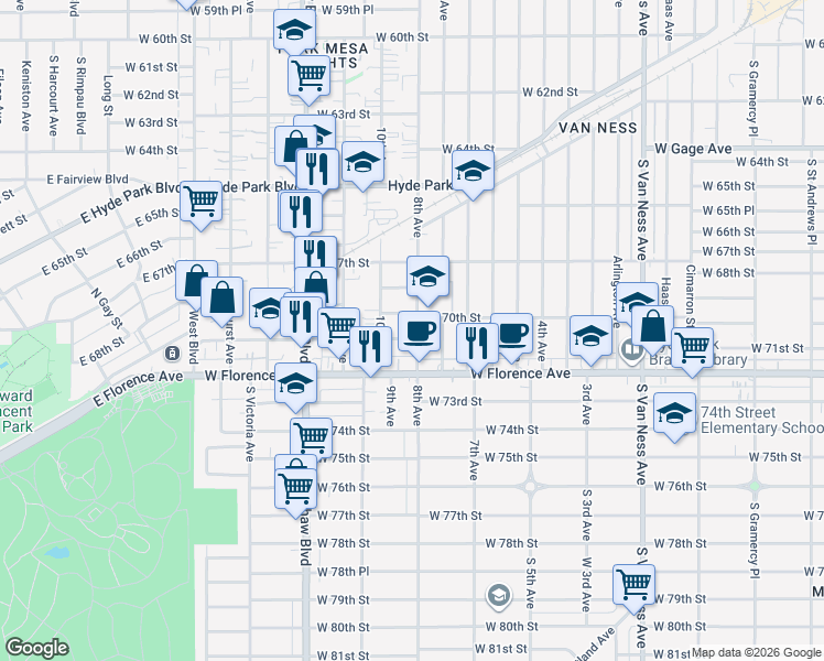 map of restaurants, bars, coffee shops, grocery stores, and more near 7015 8th Avenue in Los Angeles