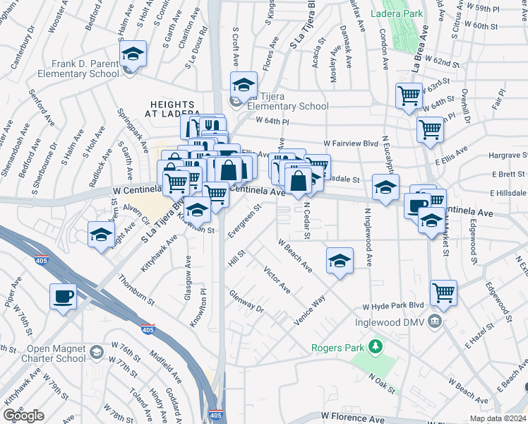 map of restaurants, bars, coffee shops, grocery stores, and more near 512 Evergreen Street in Inglewood