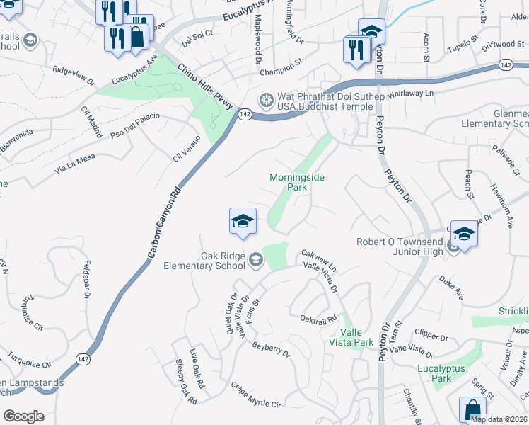 map of restaurants, bars, coffee shops, grocery stores, and more near 15358 Morningside Drive in Chino Hills