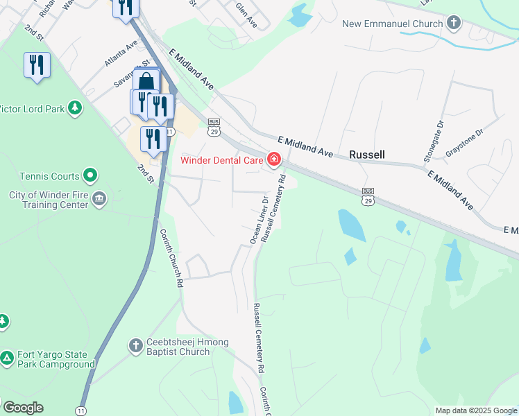 map of restaurants, bars, coffee shops, grocery stores, and more near 107 Lighthouse Way in Winder
