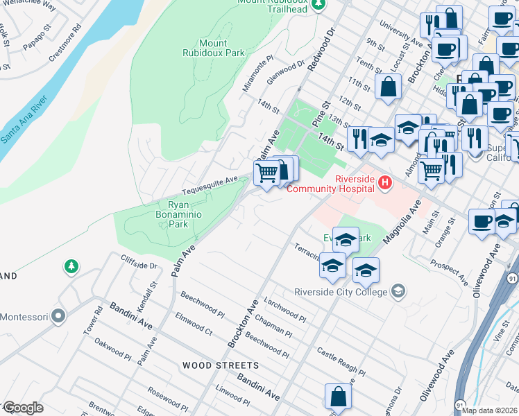 map of restaurants, bars, coffee shops, grocery stores, and more near 4365 Alta Vista Drive in Riverside