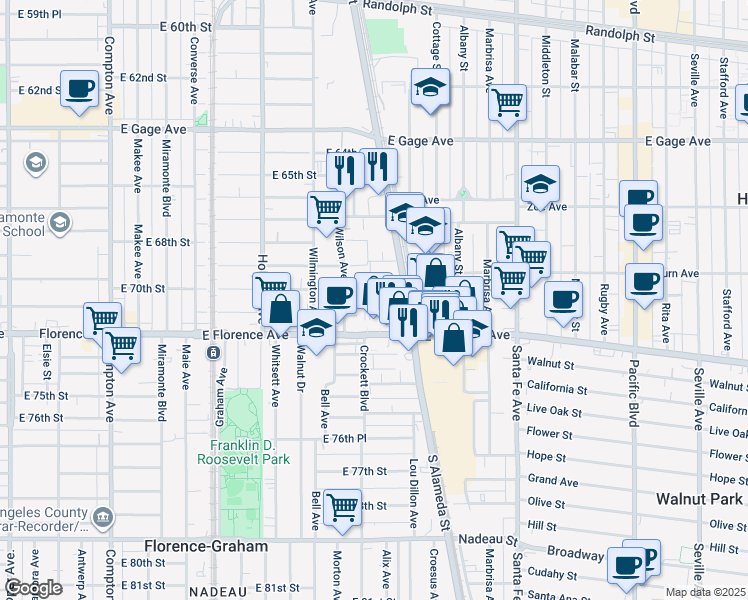 map of restaurants, bars, coffee shops, grocery stores, and more near 7001 South Alameda Street in Los Angeles