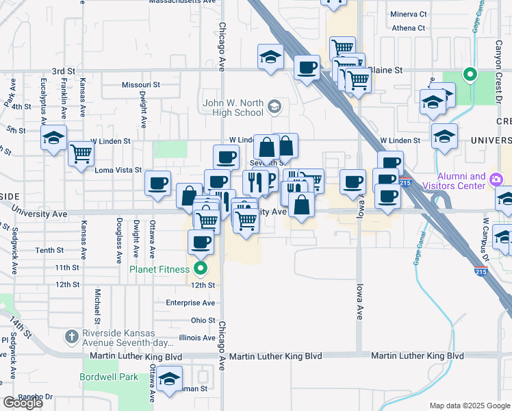 map of restaurants, bars, coffee shops, grocery stores, and more near 1605 University Avenue in Riverside