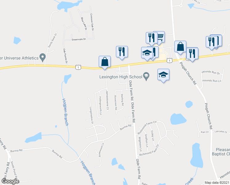 map of restaurants, bars, coffee shops, grocery stores, and more near 279 Rosecrest Road in Lexington
