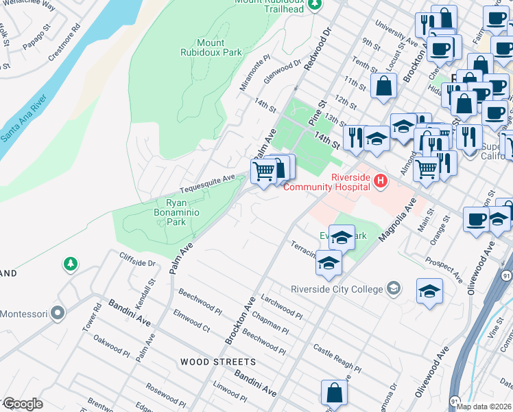 map of restaurants, bars, coffee shops, grocery stores, and more near 4365 Alta Vista Drive in Riverside