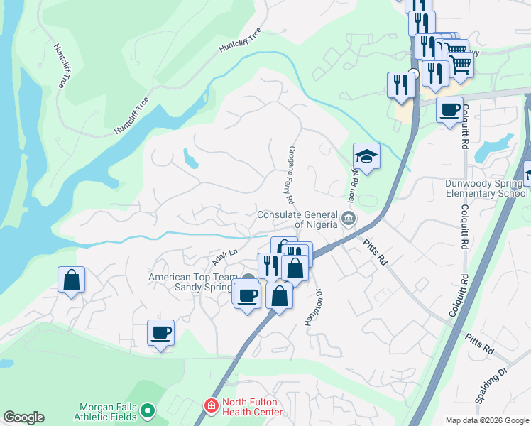 map of restaurants, bars, coffee shops, grocery stores, and more near 215 Wing Mill Road in Atlanta