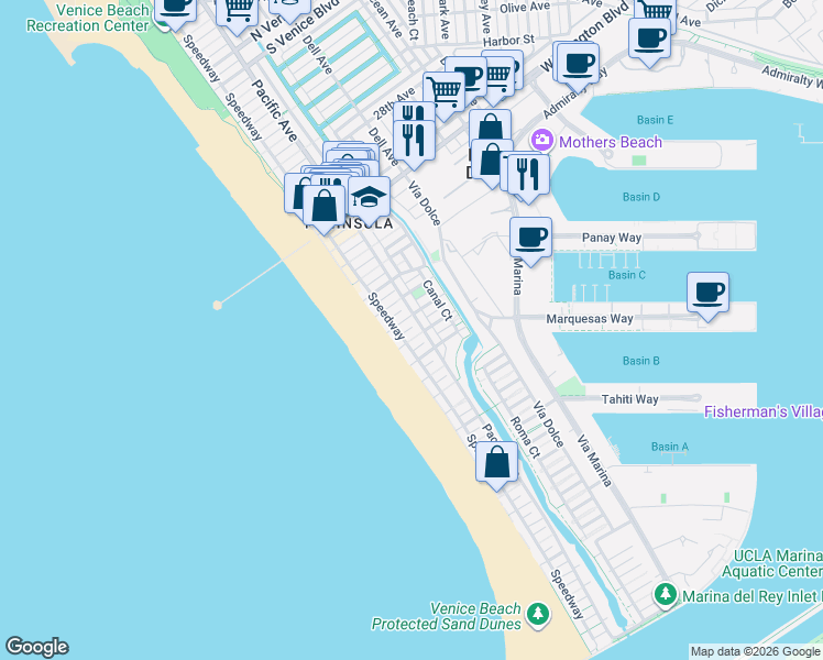 map of restaurants, bars, coffee shops, grocery stores, and more near 25 Galleon Street in Los Angeles