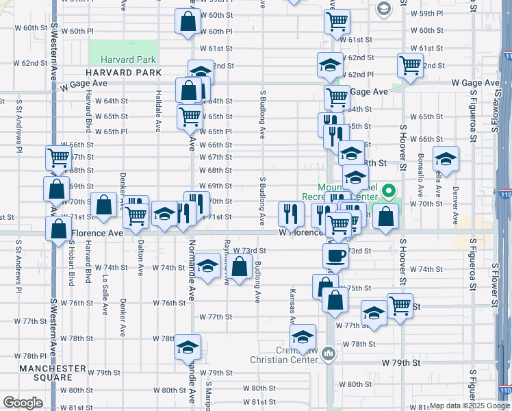 map of restaurants, bars, coffee shops, grocery stores, and more near 1210 West 70th Street in Los Angeles