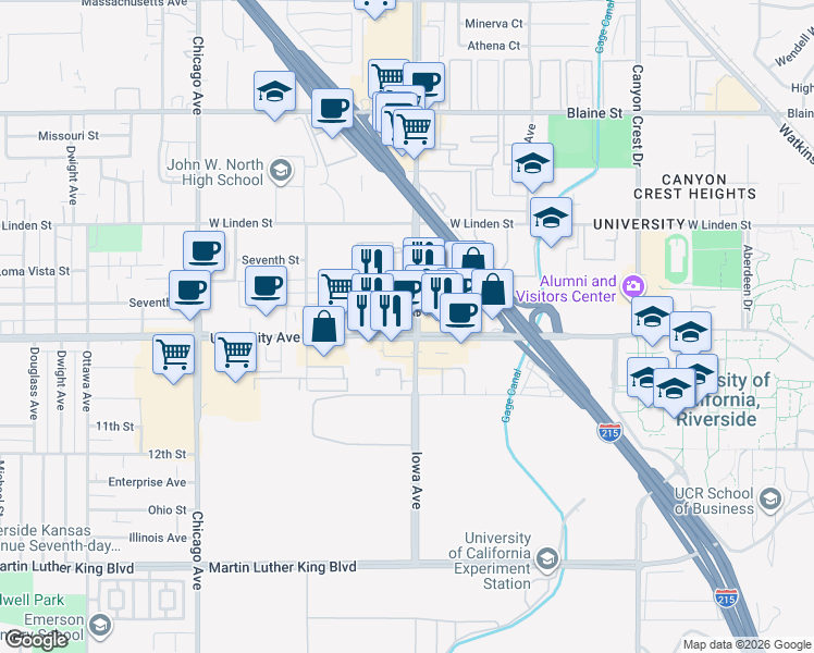 map of restaurants, bars, coffee shops, grocery stores, and more near 1303 University Avenue in Riverside