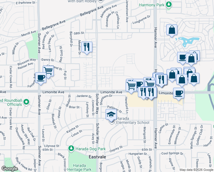 map of restaurants, bars, coffee shops, grocery stores, and more near 12925 Paradiso Drive in Eastvale