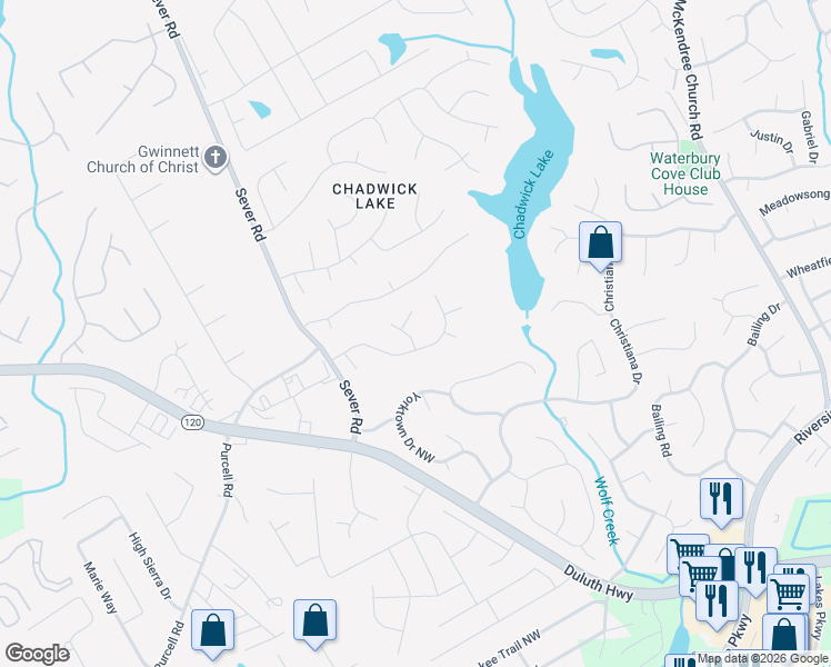 map of restaurants, bars, coffee shops, grocery stores, and more near 1455 Sever Woods Court Northwest in Lawrenceville