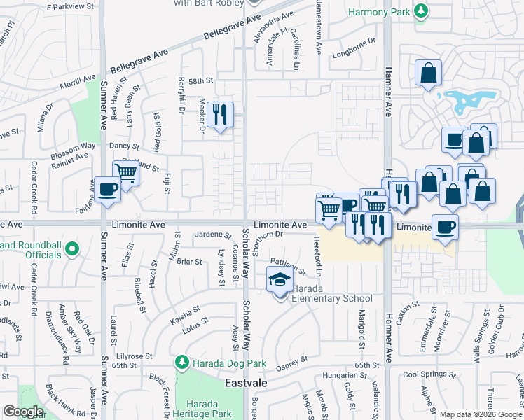 map of restaurants, bars, coffee shops, grocery stores, and more near 12601-12739 Limonite Avenue in Corona