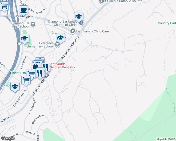 map of restaurants, bars, coffee shops, grocery stores, and more near 2677 Wagon Train Lane in Diamond Bar