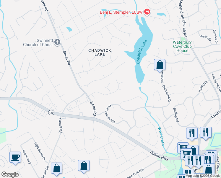 map of restaurants, bars, coffee shops, grocery stores, and more near 1282 Forest Glade Trce Northwest in Lawrenceville