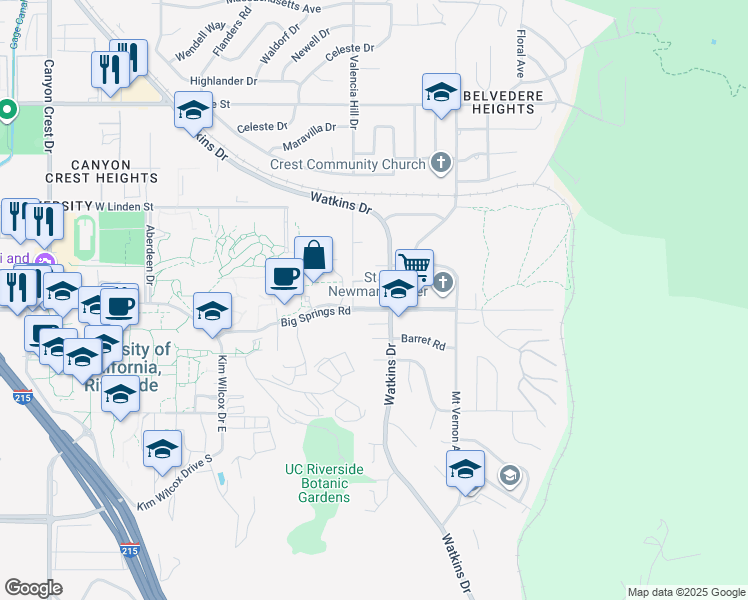 map of restaurants, bars, coffee shops, grocery stores, and more near 3721 Watkins Drive in Riverside