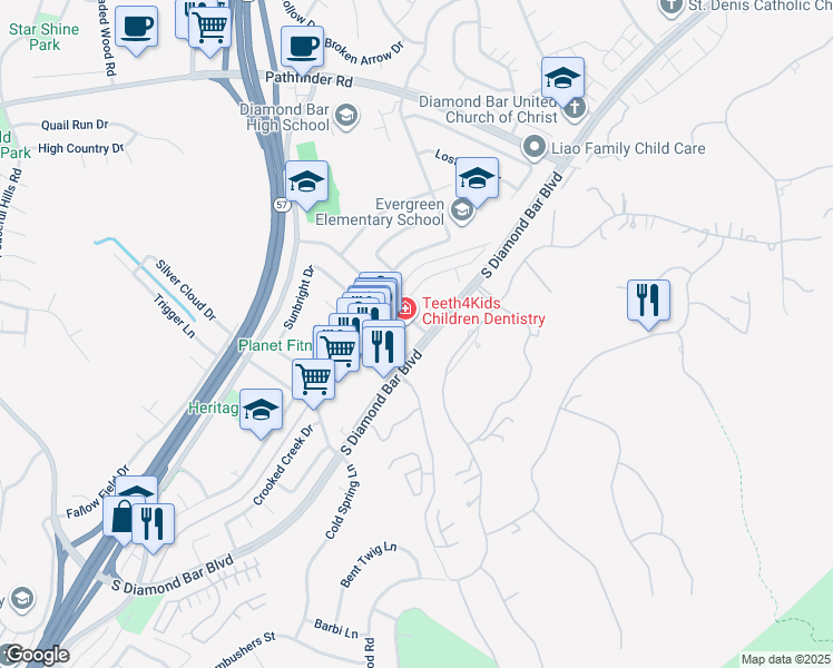 map of restaurants, bars, coffee shops, grocery stores, and more near 2705 South Diamond Bar Boulevard in Diamond Bar