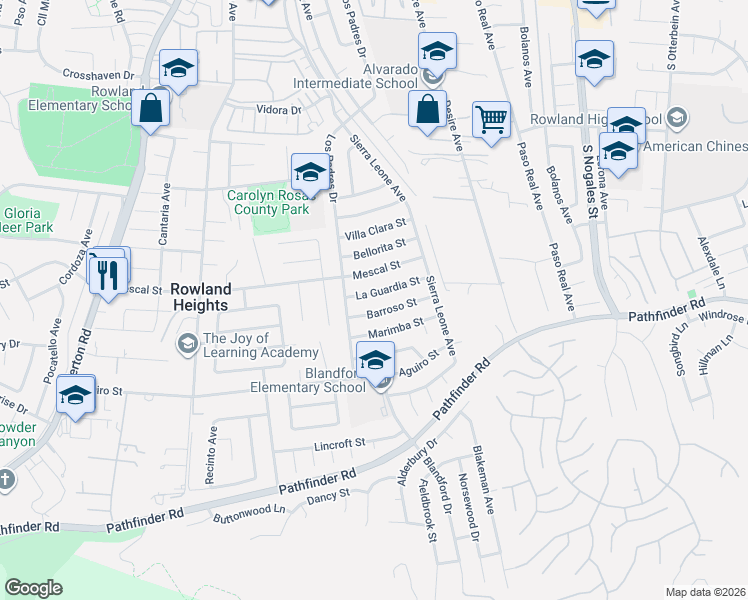 map of restaurants, bars, coffee shops, grocery stores, and more near 18615 La Guardia Street in Rowland Heights