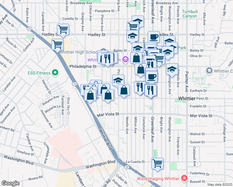 map of restaurants, bars, coffee shops, grocery stores, and more near 7229 Pickering Avenue in Whittier