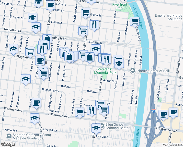 map of restaurants, bars, coffee shops, grocery stores, and more near 4850 Gage Avenue in Bell