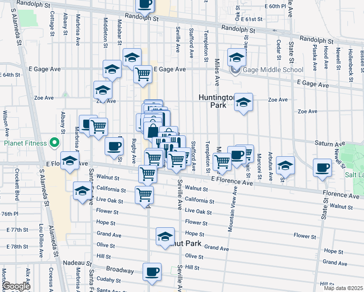 map of restaurants, bars, coffee shops, grocery stores, and more near 6913 Seville Avenue in Huntington Park