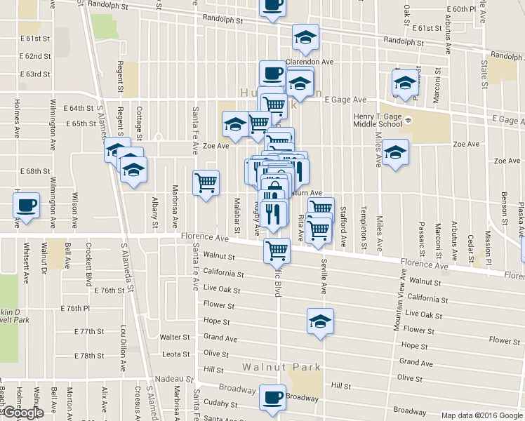 map of restaurants, bars, coffee shops, grocery stores, and more near 6913 Pacific Boulevard in Huntington Park
