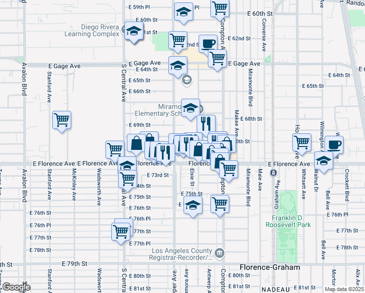 map of restaurants, bars, coffee shops, grocery stores, and more near 1334 East 70th Street in Los Angeles