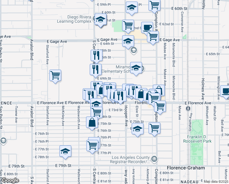 map of restaurants, bars, coffee shops, grocery stores, and more near 1204 East 70th Street in Los Angeles
