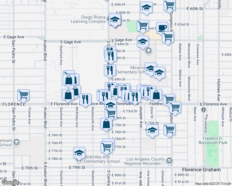 map of restaurants, bars, coffee shops, grocery stores, and more near 1128 East 70th Street in Los Angeles