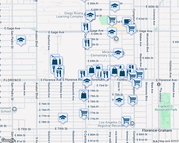 map of restaurants, bars, coffee shops, grocery stores, and more near 1128 East 70th Street in Los Angeles