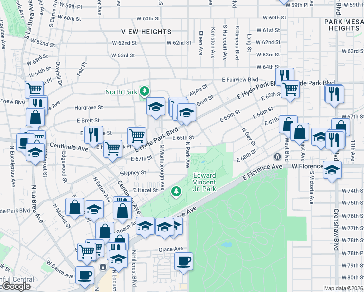 map of restaurants, bars, coffee shops, grocery stores, and more near 915 North Park Avenue in Inglewood
