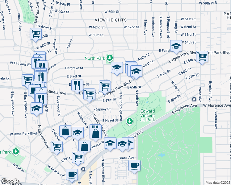 map of restaurants, bars, coffee shops, grocery stores, and more near 1123 North Marlborough Avenue in Inglewood