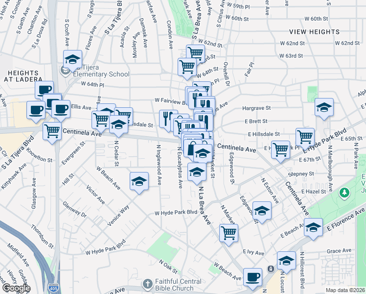 map of restaurants, bars, coffee shops, grocery stores, and more near 1130 Centinela Avenue in Inglewood
