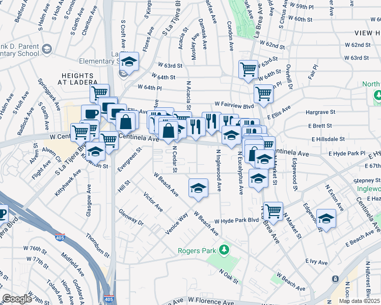 map of restaurants, bars, coffee shops, grocery stores, and more near 1413 Centinela Avenue in Inglewood